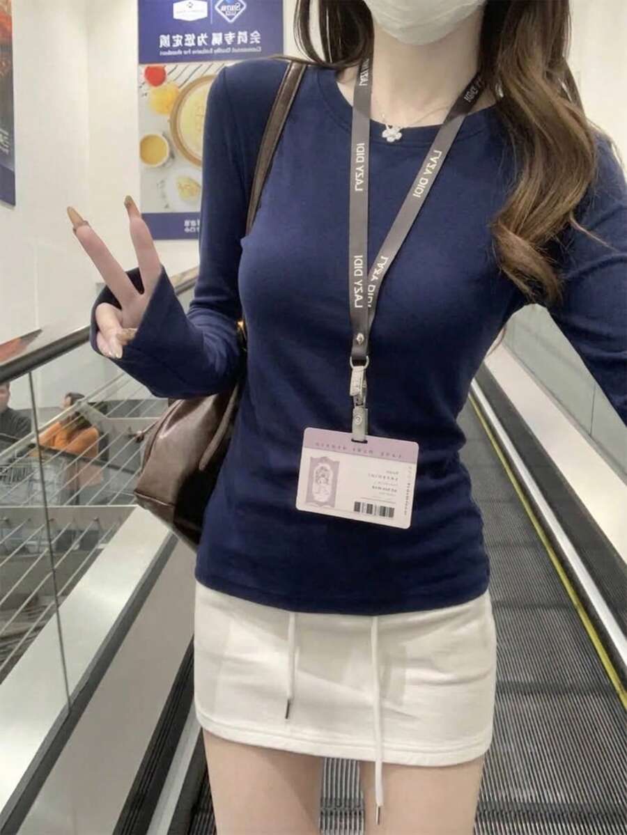 New Short Long Sleeve T-Shirt Women Y2K Generation Spring Autumn Korean Style Crew Neck Versatile Casual Slim Fit Top - Navy Blue - View 1