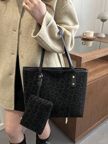 2pcs Leopard Print Handbag Set With Double Handles, Fashion Design, Suitable For Business Casual, Commuting, Back To School And Vacation Travel. Women's Tote Bag, Black Bag - Black - View 5