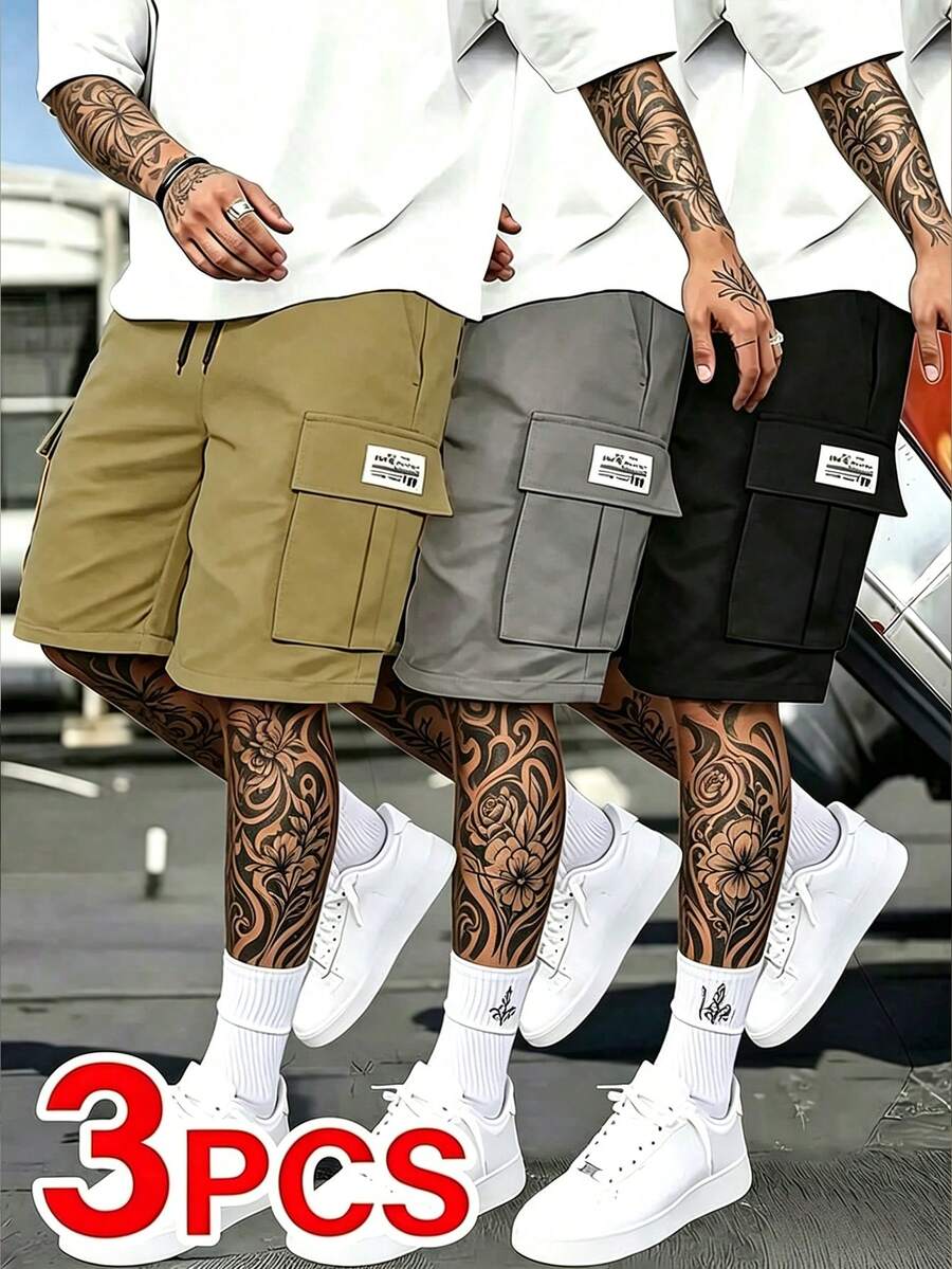 Men's 3pcs Multi-Pocket Flap Pocket Drawstring Waist Casual Cargo Shorts Street Style Daily Wear - Multicolor - View 1