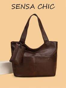 Tote Bag With Minimalist Design, Featuring Wide Shoulder Straps For Comfortable And Effortless Carrying. Exterior Zippered Compartment For Convenient Storage Of Small Items, Spacious Interior For Multiple Personal Belongings, Practical Style Suitable For Daily Use, Simple And Timeless Aesthetic. - Coffee - View 1