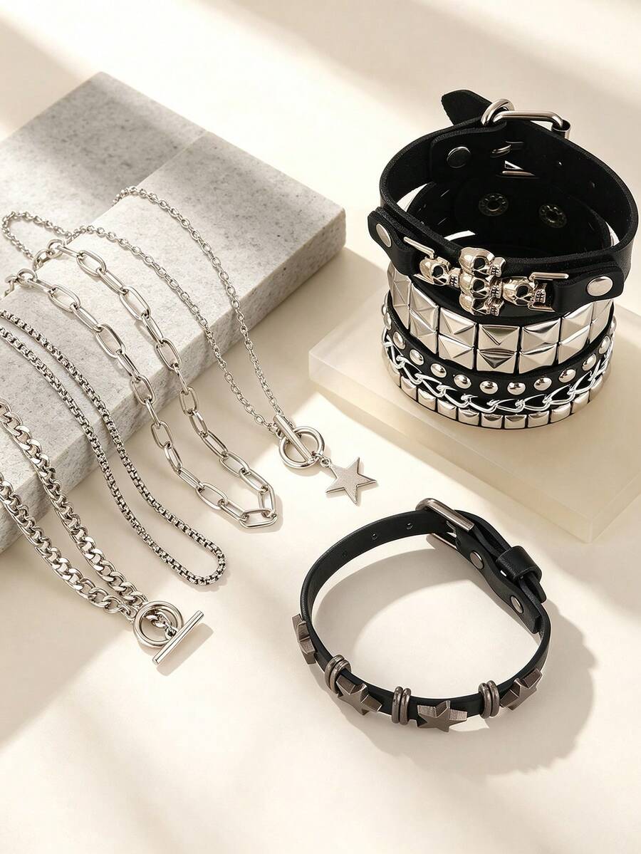 6Pcs Goth Punk Faux Leather Set, Skull Star Rivet Bracelets, Multi‑Layer Star OT Chain Necklaces & Spike Earrings, All‑Season Edgy Women Accessories - Multicolor - View 1
