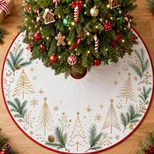 1 buah Alas Pohon Natal Motif Pohon Pinus Garis Tipis Emas, Dekorasi Liburan Warna Elegan, 5 Ukuran, Hadiah Liburan Unisex, Cocok Untuk Dekorasi Natal di Rumah dan Pesta - Garis-garis emas halus membingkai pohon pinus. - View 2