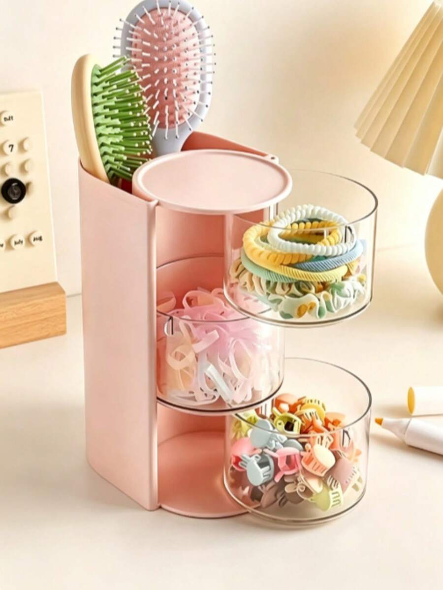 1Pc 3-Tier Rotatable Makeup Organizer, 180° Rotation Clear Cosmetic Storage Box, Multifunctional Holder For Makeup Brushes, Sponges And Hair Accessories, Perfect Holiday Gift