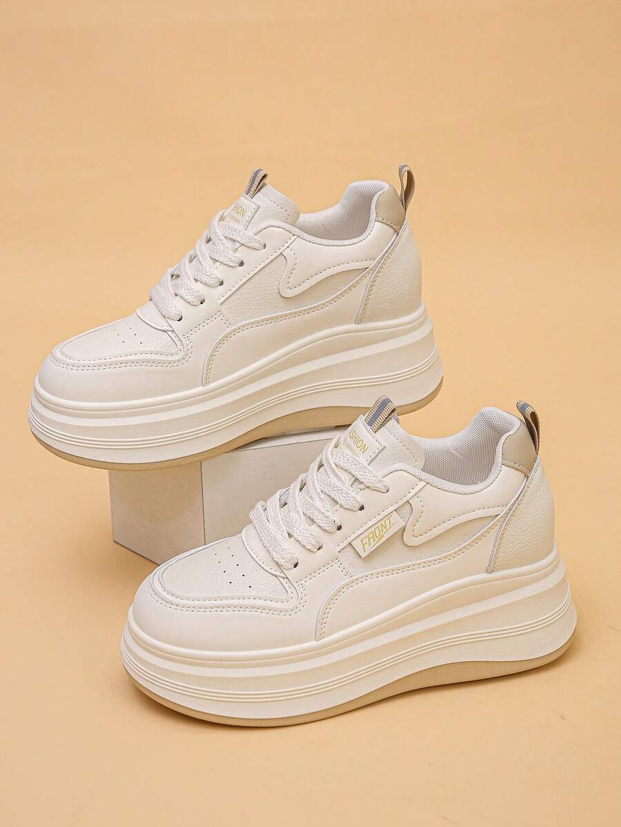 Women's Fashion Thick Sole Athletic Shoes Lace-Up Versatile Casual Sneakers - Apricot - View 1