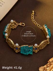 Fashionable Blue-Green Relief Portrait Glass Bracelet Or Necklace With Round Pendant, Sapphire Rhinestone Inlay, Casual Party Accessory - Bracelet - View 2