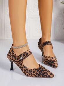 1 Pair Women's Leopard Print 2-Way Pointed Toe Hook & Loop Thin Heel Pumps, Elegant Sexy Fashion Versatile High Heels - Leopard Print - View 6