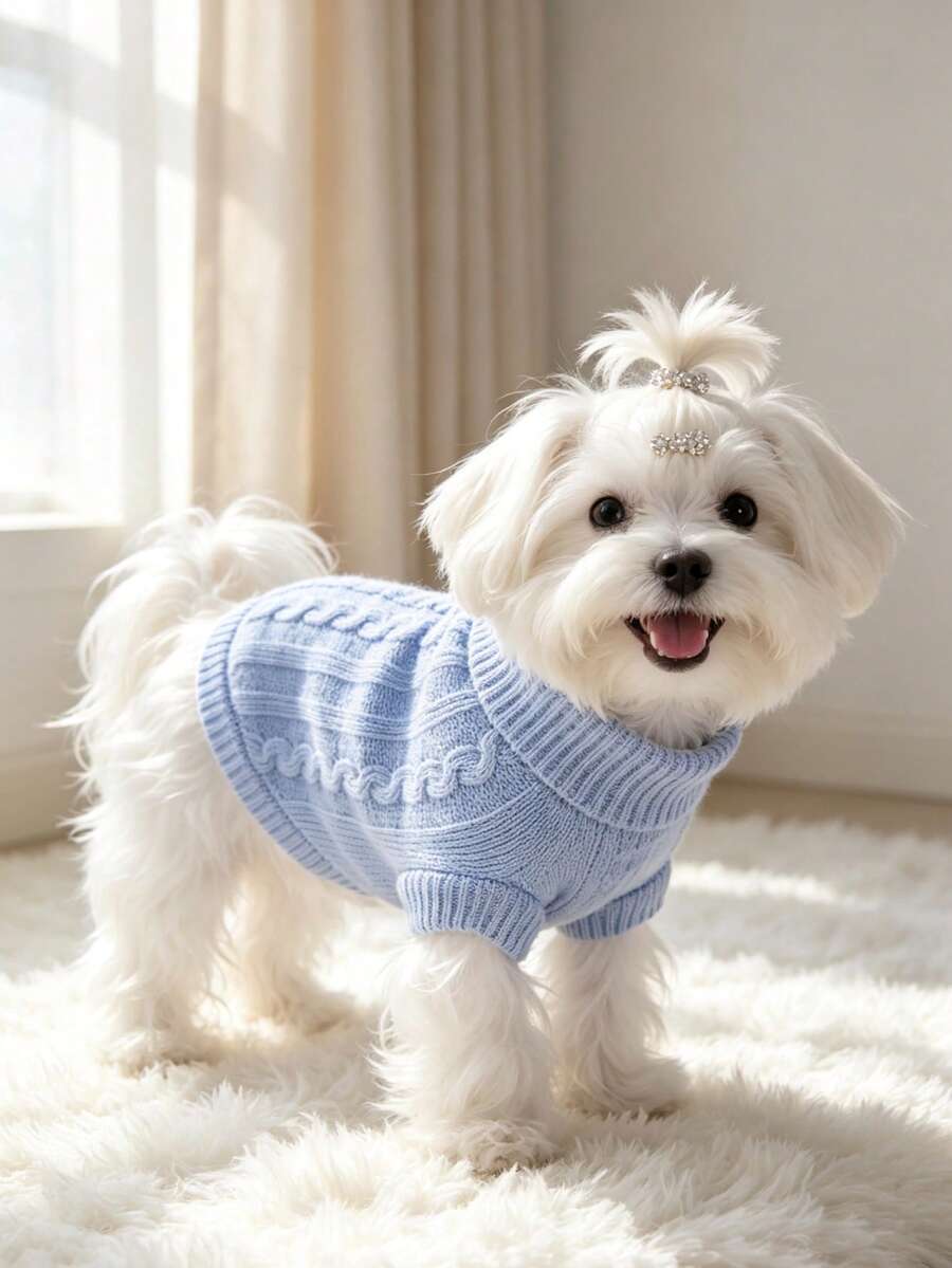 Light Blue Vintage British Style High Neck Pet Knit Sweater, Versatile Cozy Dog Autumn/Winter Clothes, Elastic Non-Restrictive Pullover Warm Sweater For Bichon, Teddy, Small And Medium Dogs
