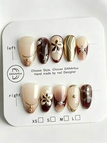 10PCS Short Almond Press On Nails, Leopard Print French-Style Fake Nails, 3D Gold Floral Pearl Rhinestone Design, Luxury Vintage Brown Nude Nail Tips Set With Jelly Adhesive Tabs & Nail File, Fall Winter Daily Wear Nails For Women Party Date Wedding - Multicolor - View 3