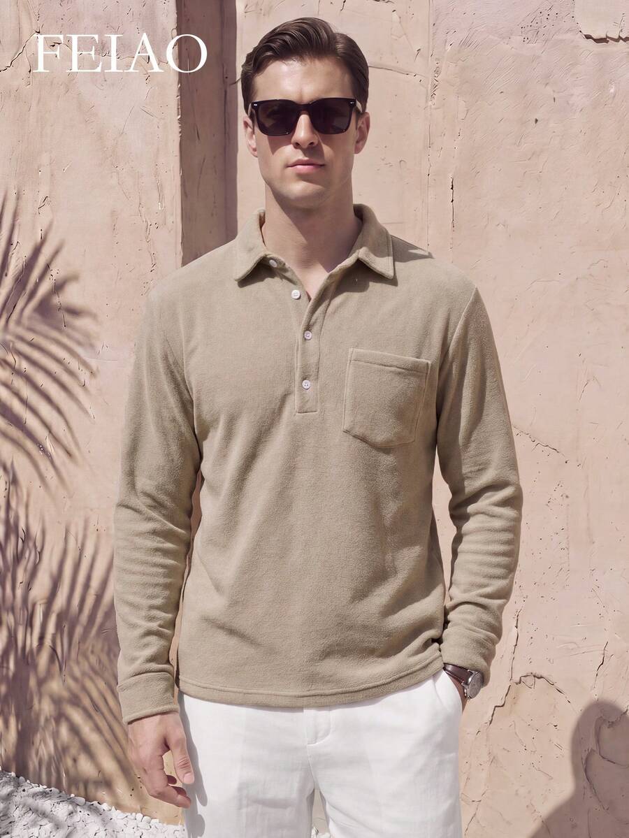 Men's Solid Color Casual Versatile Daily Long Sleeve Shirt - Apricot - View 1