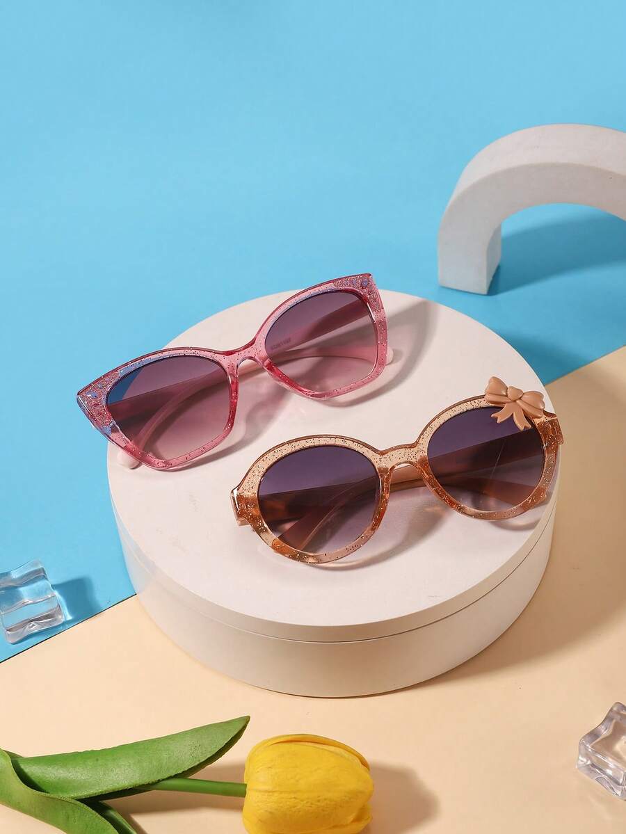 1 Set 2pcs Kids 3-8 Years Old Cat Eye & Round Frame PC Glasses, Fashionable Glasses With Sequin Bow Decor, Suitable For Party And Outdoor Wear, With Glasses Case - Multicolor - View 1