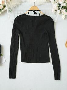 2026 Autumn/Winter New Pure Desire Style Lace Patchwork Halter Neck Knit Top, Sexy Ribbon Tie Slim Fit Flattering Long Sleeve T-Shirt - Black - View 8