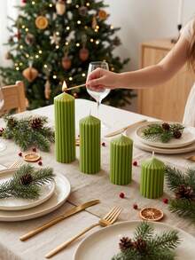 Green Striped Decorative Candle Ribbed Textured Aesthetic Wax Candles For Christmas Holiday Decor, Warm Silent Style Home Atmosphere, Minimalist Decorative Candle Centerpiece Christmas Present Decorations Gift For Woman Winter Gift - Green Cone-shaped Pillar Candle - View 5