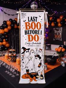 1pc Custom Text Last Boo Before I Do Banner,Spooky Ghost Pumpkin Halloween Bachelorette Party Backdrop,Personalized Halloween Bridal Shower Sign Decor - Multicolor - View 2