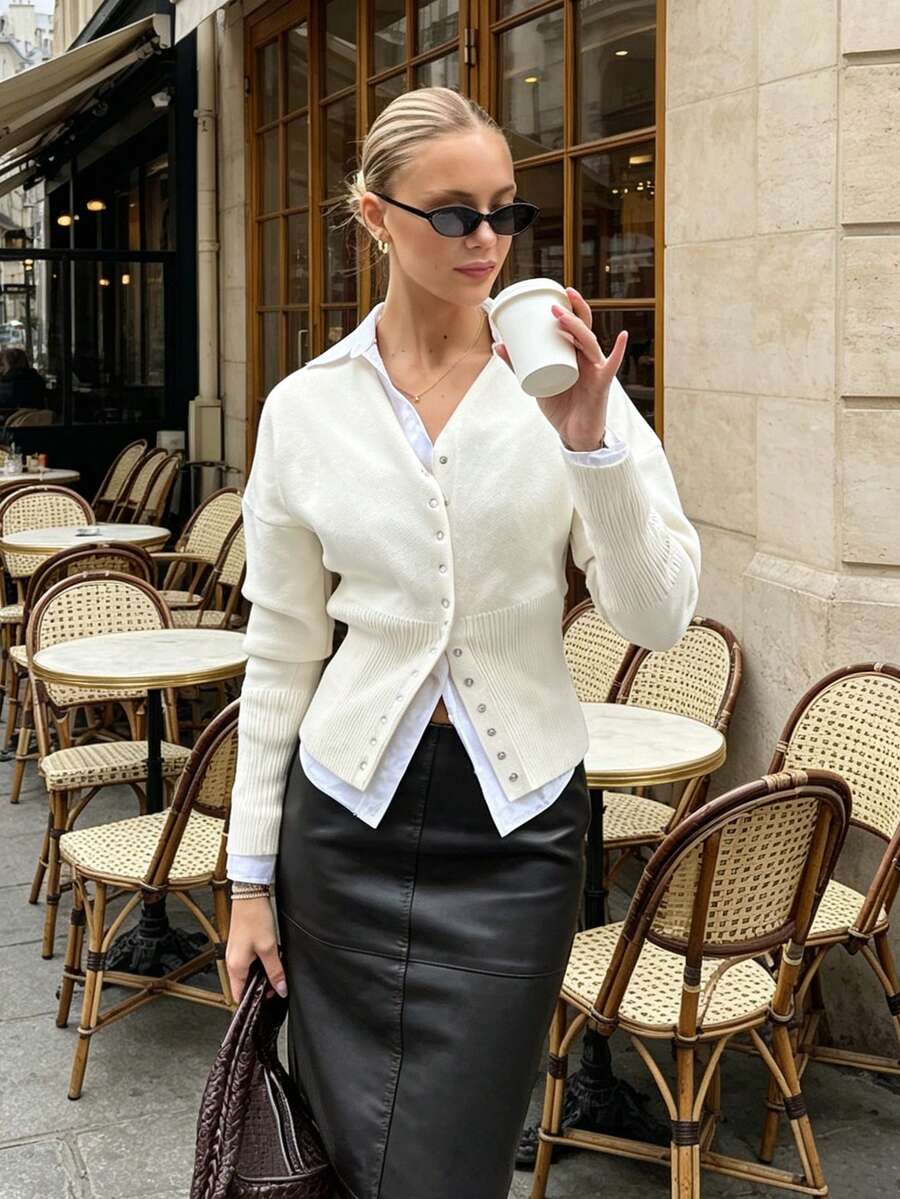 Women's Drop Shoulder Round Neck Buttoned Ribbed Waist Fashion Casual Commute Wear Solid Color Long Sleeve Knit Sweater Cardigan Outfit, Fall Winter - Beige - View 1