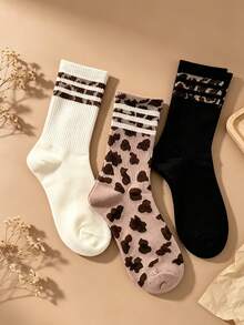 3 Pairs Women's Leopard Print Mid-Calf Socks, Vintage Leopard Stripe Ribbed Knit Socks, Y2K Street Style Fashion Socks - Multicolor - View 5