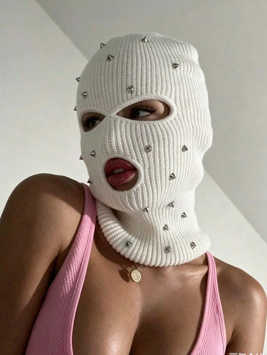1pc Women's Rivet 3-Hole Balaclava Hat, Street Y2K Warm Knitted Hat, Outdoor Skiing Warm Face Mask Hat Scarf All-In-One, Suitable For Street Y2K - Multicolor - View 1
