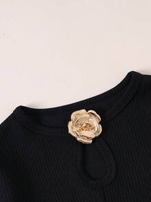 Autumn Girls' Fashion Elegant Contrast Color Floral Decor Button Top And Contrast Color Skirt 2 Pieces Set - Black - View 3