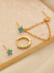 Bohemian Vintage Copper Imitation Turquoise Flower Earrings, Dainty Aesthetic Stackable Water‑Drop Chain Stud Ear Jewelry Sets Women - Yellow Gold - View 4