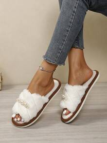 Autumn/Winter Fairy Plush Open Toe Slippers With Exquisite Pearl Decor, Indoor/Outdoor Fuzzy Shoes - White - View 2