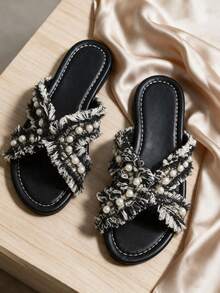 Summer New High-End Pearl Round Toe Slippers For Women With Fringed Tassel Flat Sole Outdoor Vacation Travel One-Strap Slide - Black - View 4