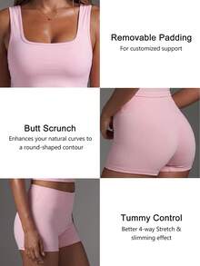 Women's Casual Backless Removable Padding Sport 2-Piece Set,U-Shaped Neck Solid Color Tank Tops,Skinny Basic High Waist Legging Shorts,For Yoga,Daily - Pink - View 10