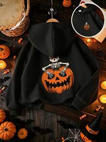 Boys' Halloween Skeleton & Pumpkin Pattern Sweatshirt, Autumn/Winter Kids Long Sleeve Casual Hooded Sweatshirt - Black - View 1