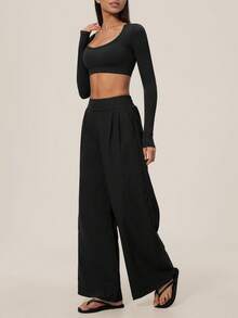 TimeOff Women's One Set Autumn/Winter Solid Color Large U-Neck Cropped Long Sleeve Top With Side Pockets And Elastic Back Waist Pleated Wide Leg Pants - Black - View 6
