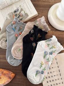 5 Pairs Women's French Vintage Court Style Floral Pattern Embossed Fashion Short Socks Invisible Socks Lace Socks, Ankle Socks Boat Socks, Skin-Friendly Soft Socks, Suitable For Daily Casual Wear, Suitable For Spring Summer All Seasons - Multicolor - View 11