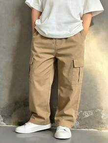 1pc Boys' Simple Casual Elastic Waist Multi-Pocket Straight Leg Work Pants, Spring Summer Autumn - Khaki - View 5