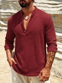 WAIT HIM 100% Cotton Men's Casual Solid Color Long Sleeve Shirt - Burgundy - View 3