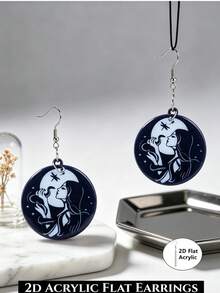 1Pair Dark Blue Moon Witch Lady Round 2D Flat Acrylic Dangle Earrings For Women Halloween Party Decor No Box. - Witch - View 1