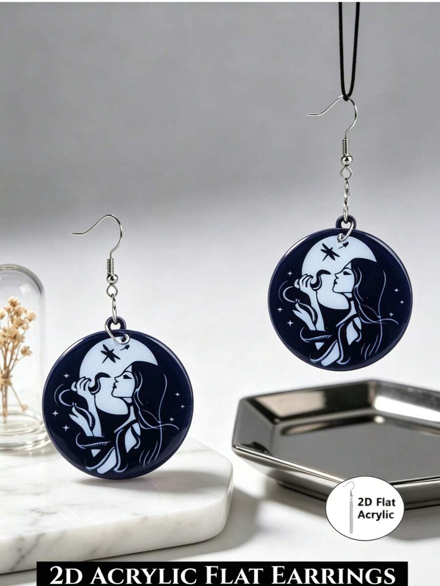 1Pair Dark Blue Moon Witch Lady Round 2D Flat Acrylic Dangle Earrings For Women Halloween Party Decor No Box. - Witch - View 1