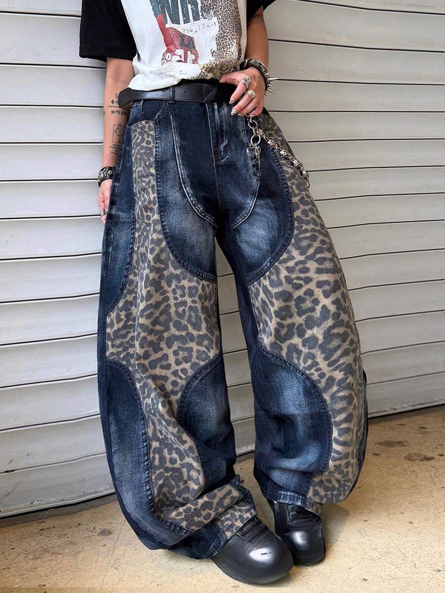 Infinite Jeans 1pc American Street Fashion Men's Patterned Patchwork Leopard Print Denim Jeans Loose Wide Leg Pants Comfortable Versatile All-Season Long Pants (Produk Tidak Termasuk Sabuk dan Aksesoris) - Biru - View 1