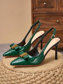 2026 New Premium Bright Green Stone Texture Closed Toe Slingback Pumps For Women, Elegant Bow Metal Buckle Stiletto High Heels, Suitable For Commuting, Banquet, Date, Party - Green - View 3