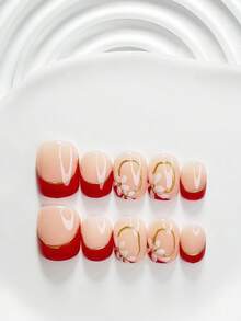 秋季 10 件組浪漫法式手工穿戴甲，Polygel 美甲套組，花卉紅色指甲油，優雅甜美風，附美甲工具，3 種尺寸可選，方型/短方型/杏仁形，適合派對、跳舞、日常配戴（手工細節可能有所不同） - 彩色 - 查看 2