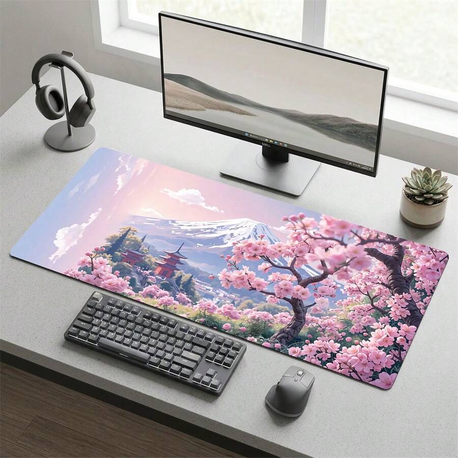 Set Alas Mouse Gaming dan Alas Meja Ekstra Panjang Motif Kartun Jepang Bunga Sakura & Gunung Bersalju, Alas Karet Tahan Lama Anti Selip, Permukaan Halus, Cocok untuk Komputer Laptop Kantor Rumah, Dekorasi Seni Abstrak, Perlengkapan Sekolah - A - View 1
