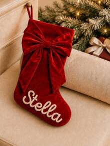 1pc Customized Velvet Christmas Stocking With Bow, Personalized Embroidered Sock, Suitable For Family Holiday Fireplace Decoration, Christmas Gift For Her - Multicolor - View 2
