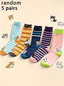 5 đôi tất trung bắp chân unisex ngẫu nhiên nhiều màu sọc chấm bi in mèo hoạt hình phong cách dễ thương, mềm mại thoáng khí, phù hợp mặc hàng ngày, ở nhà, phối đồ học sinh, mọi mùa - Nhiều màu - Xem 7