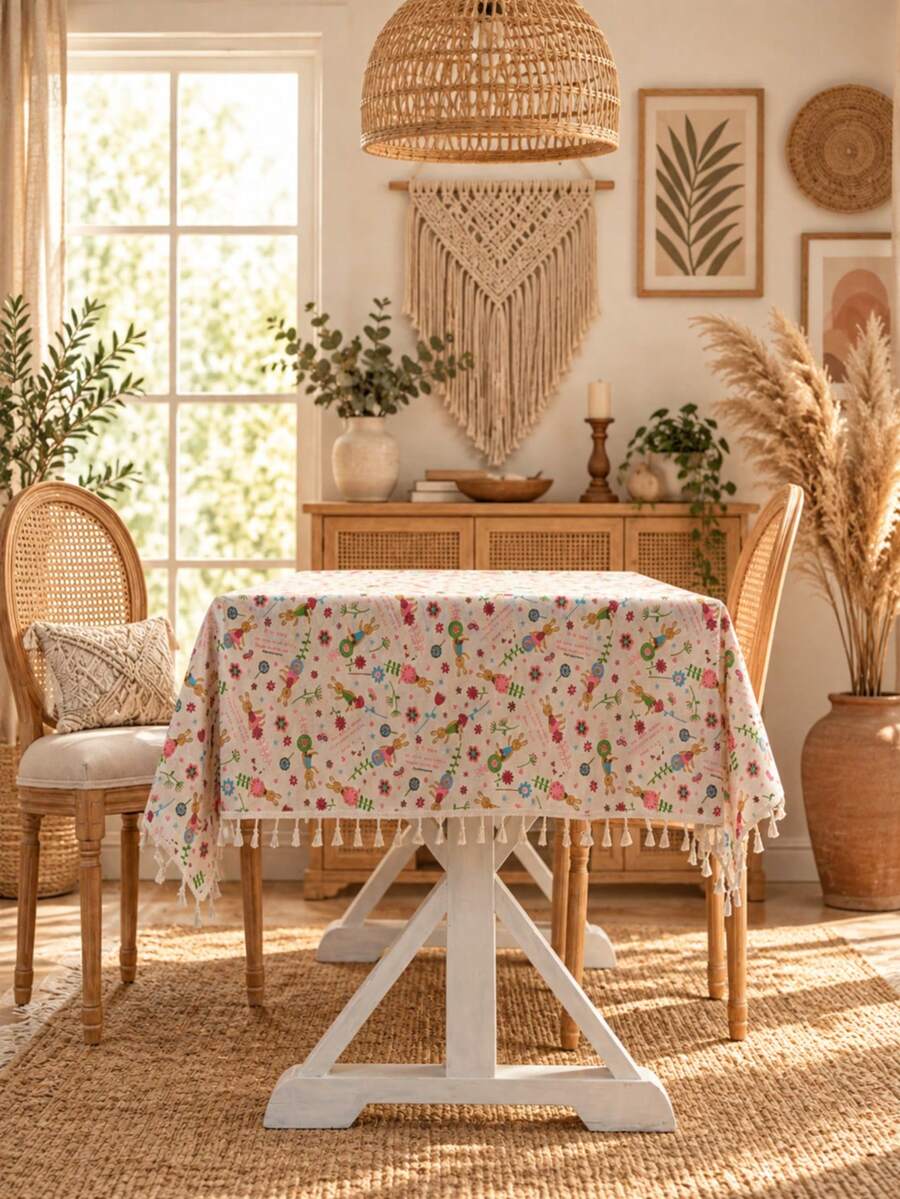 MeijiaMo 1pc Rabbit & Floral Print Rectangular Tablecloth, Bohemian Casual Polyester Tassel Decor Dust-Proof Mat For Dining Room, Kitchen, Hotel, Bedroom, Party, Round Table - Multicolor - View 1
