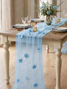 1Pc MiniGreen/Pink/Blue Pearl Beaded Flower Mesh Gauze Table Runner 75*180cm, Fall Boho Birthday Baby Shower Gender Reveal Party Home Holiday Decor - Multicolor - View 8