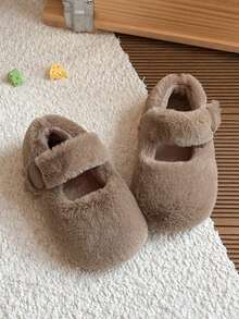 Autumn/Winter Girls' Cloud-Feel Indoor/Outdoor Fuzzy Slippers With One-Strap Round Buckle Hook-And-Loop Design, Soft Warm House Shoes - Khaki - View 6