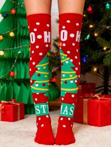 Women's Christmas Element Over-The-Knee Socks, Holiday Pattern Thigh-High Socks, Holiday Theme Knitted Leg Warmers, Elastic Cuff Seasonal Over-The-Knee Socks, Comfortable Socks - Red - View 1