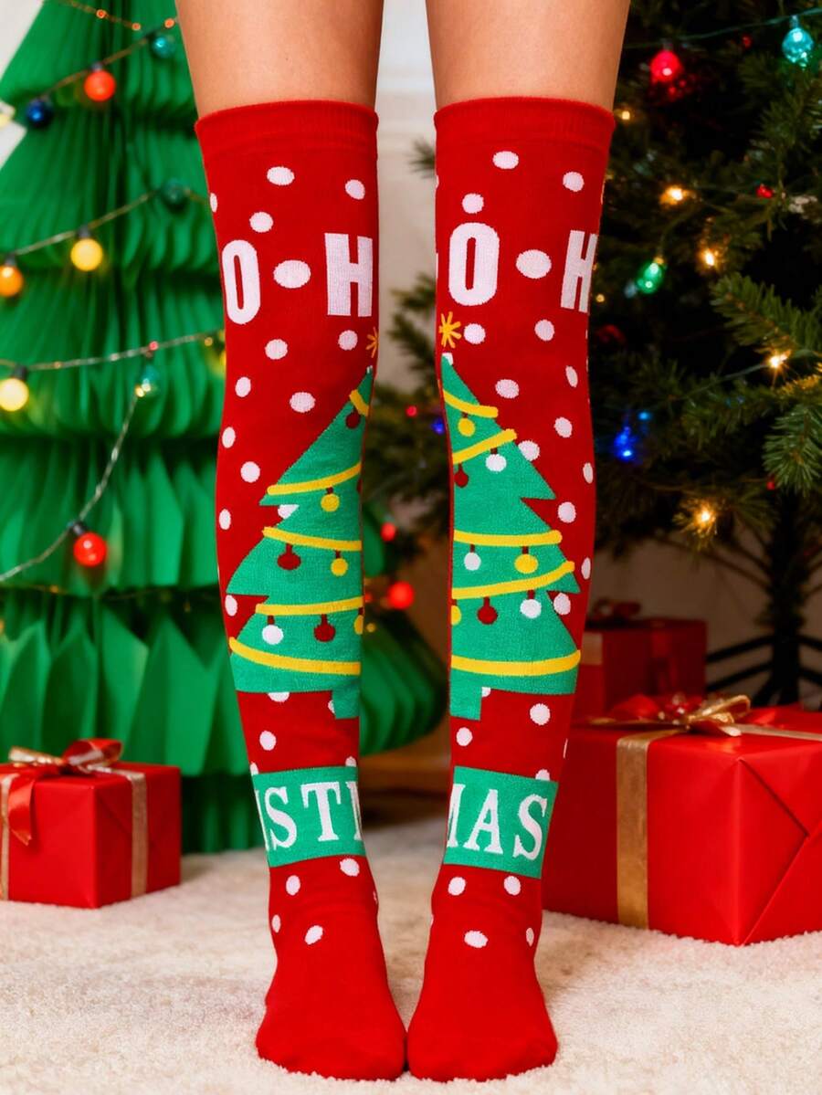 Women's Christmas Element Over-The-Knee Socks, Holiday Pattern Thigh-High Socks, Holiday Theme Knitted Leg Warmers, Elastic Cuff Seasonal Over-The-Knee Socks, Comfortable Socks - Red - View 1