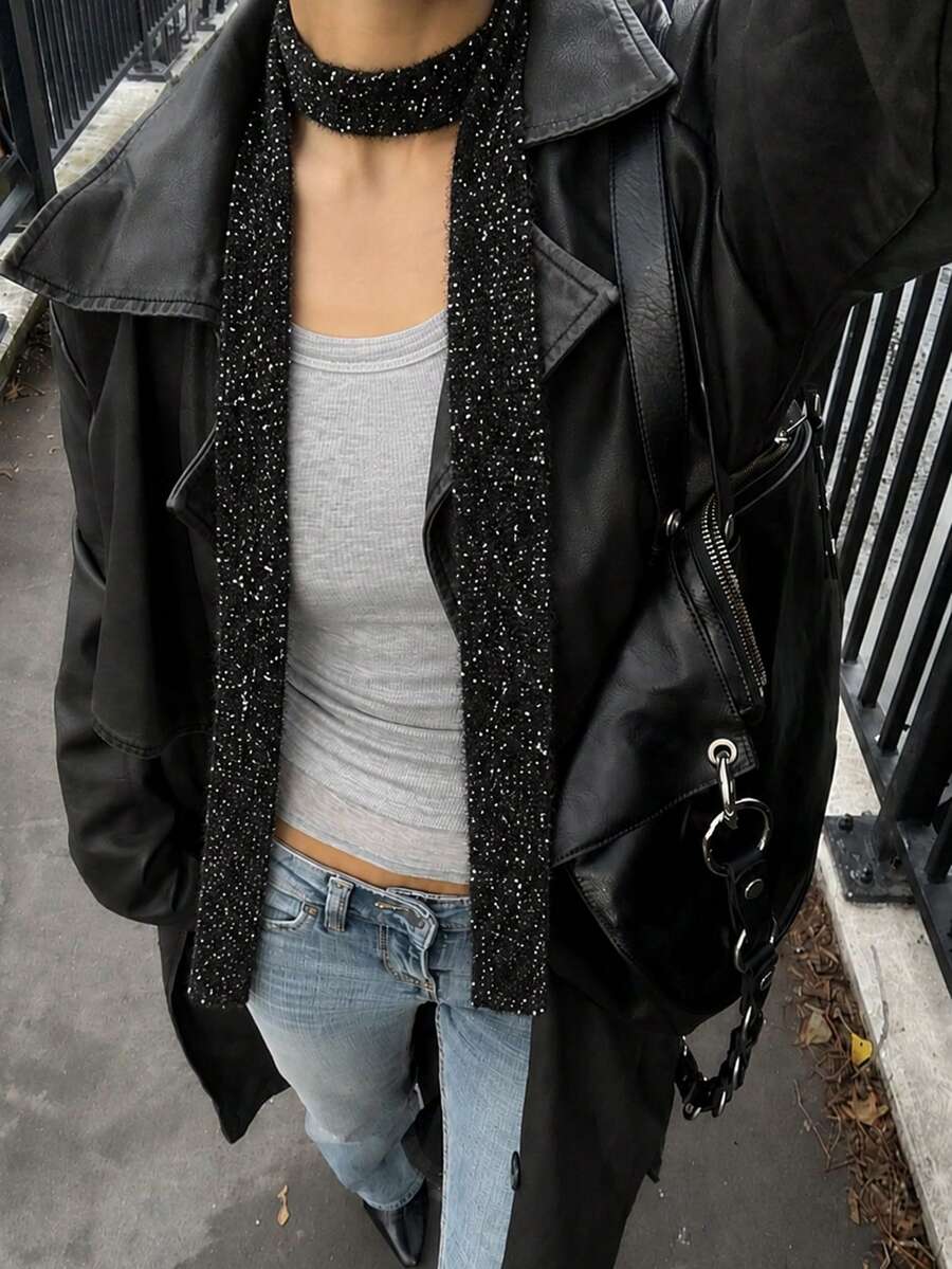 1PC Y2K Sparkly Black Knit Scarf, Gothic Sequin Skinny Scarf, Edgy Halloween Party Night Out & Fall Winter Accessory - Black - View 1
