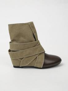 XfxfA Pair Of Women's Spliced Mid Heeled Boots With Cross/Strap/Bow Toe, Suitable For Daily Casual/Shopping/Travel Wear. - Khaki - View 7
