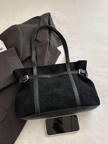 Women's Faux Suede Tote Shoulder Bag, Adjustable Buckle Decor Large Capacity Handbag, Suitable For Work, School And Daily Commute. - Black - View 4