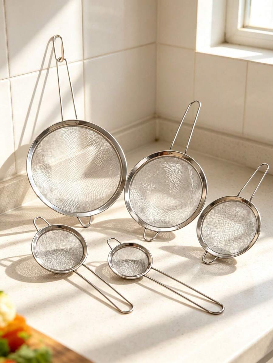 5pcs Stainless Steel Fine‑Mesh Strainer Set, Multi‑Size Metal Sieve Colander With Long Handle, Food‑ Fine Mesh Filter For Flour Sifting, Straining Juice Noodles, Baking Cooking Kitchen Gadget, Durable Easy‑To‑Clean Home Cooking Tool[4/3/2/1pc] - Multicolor - View 1