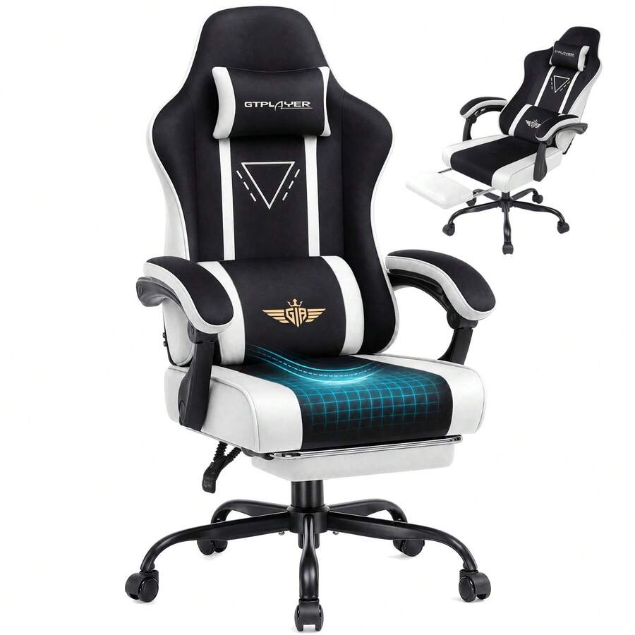 Fabric Gaming Chair With Footrest, Ergonomic Computer Desk Chair With Pocket Spring Cushion Home Office High Back Lumbar Support Heavy Duty Wide - White - View 1