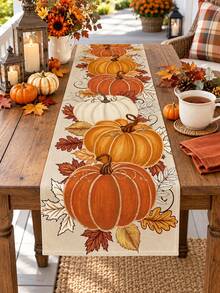 1pc Pumpkin Fall Table Runner, Rustic Autumn Linen Table Runner, Rectangular Farmhouse Thanksgiving Table Decor, Harvest Pumpkin Leaf Dining Tablecloth Runner For Fall Thanksgiving Dinner Party Home Kitchen - Multicolor - View 6