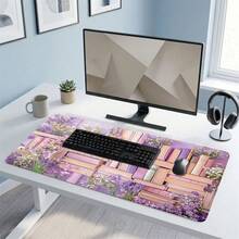 Pink Lavender Floral & Book Pattern Extra Long Gaming Mouse Pad And Desk Mat Set, Non-Slip Durable Rubber Base, Smooth Surface, Suitable For Computer Laptop Office Home, Abstract Art Decor, Back To School Supplies - A - View 5